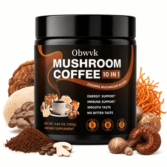 Mushroom Coffee Powder Supplement– 10-in-1 Adaptogen Blend with Lion's Mane & Cordyceps for Energy & Immune Support, 5.64 oz