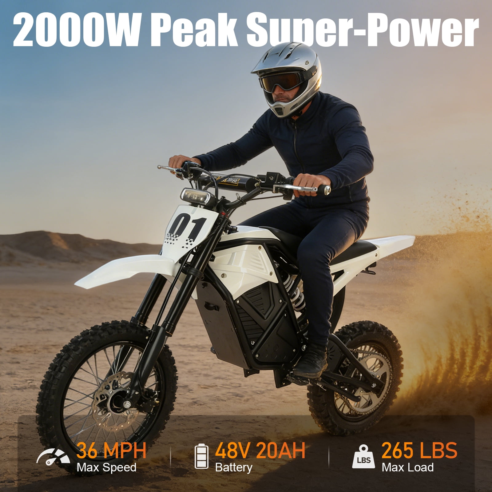 Electric Dirt Bike For Teens And Adult 2000w Motor 48v 20ah Battery Electric Motorcycle Max 36mph Hydraulic Brakes 14"/12" Fat Tire For All Terrains