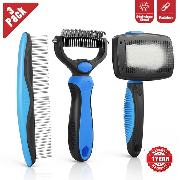 Pet Hair Brush & Grooming Comb Set - Self Cleaning Slicker Brush & Deshedding Comb for Dogs & Cats