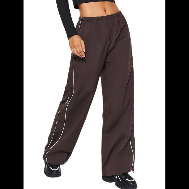 Pantalones de Paracaídas para Mujer, Pantalones Holgados de Pierna , Pantalones Deportivos con Cintura Elástica Y2K, Pantalones Deportivos, Ropa de Calle Color Café XL