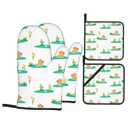 

Oven Mitts and Pot Holders Sets 4 pcs - Swim Cute Capybaras Heat Resistant Silicone Oven Gloves with Non-Slip Silicone Surface and hot pads for kitchen Baking Cooking BBQ