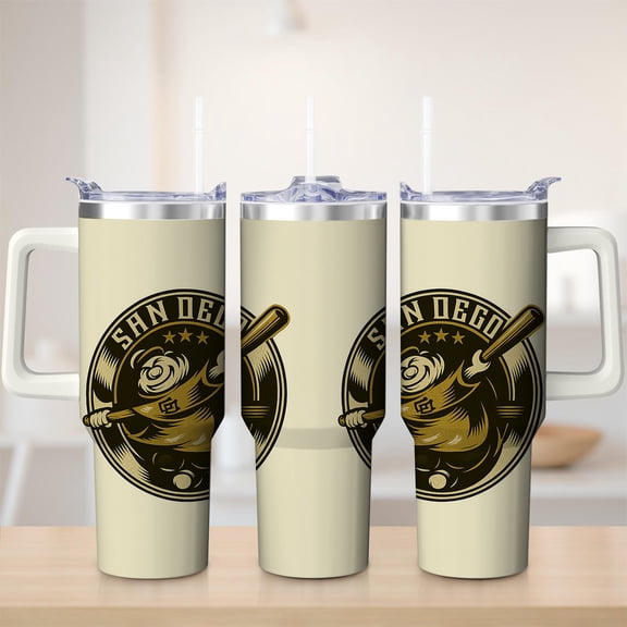 San Diego Baseball Emblem Stainless Steel Insulated Mug with Lid and Handle, 30oz