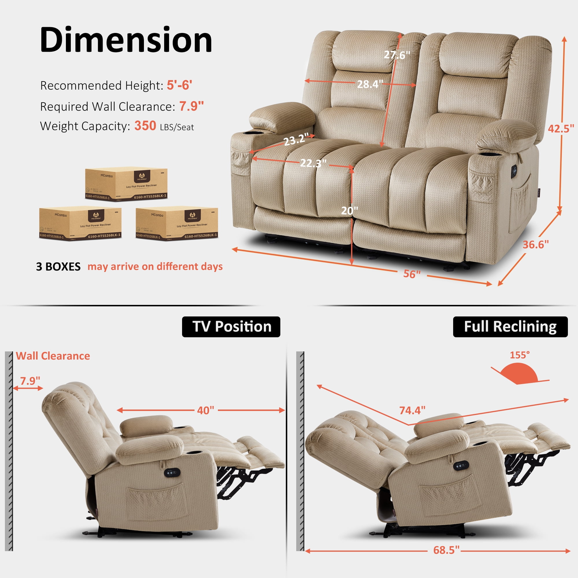 MCombo 55.9" Power Loveseat Recliner Sofa with Heat and Massage for Living Room, Home, Fabric(Midium Beige)