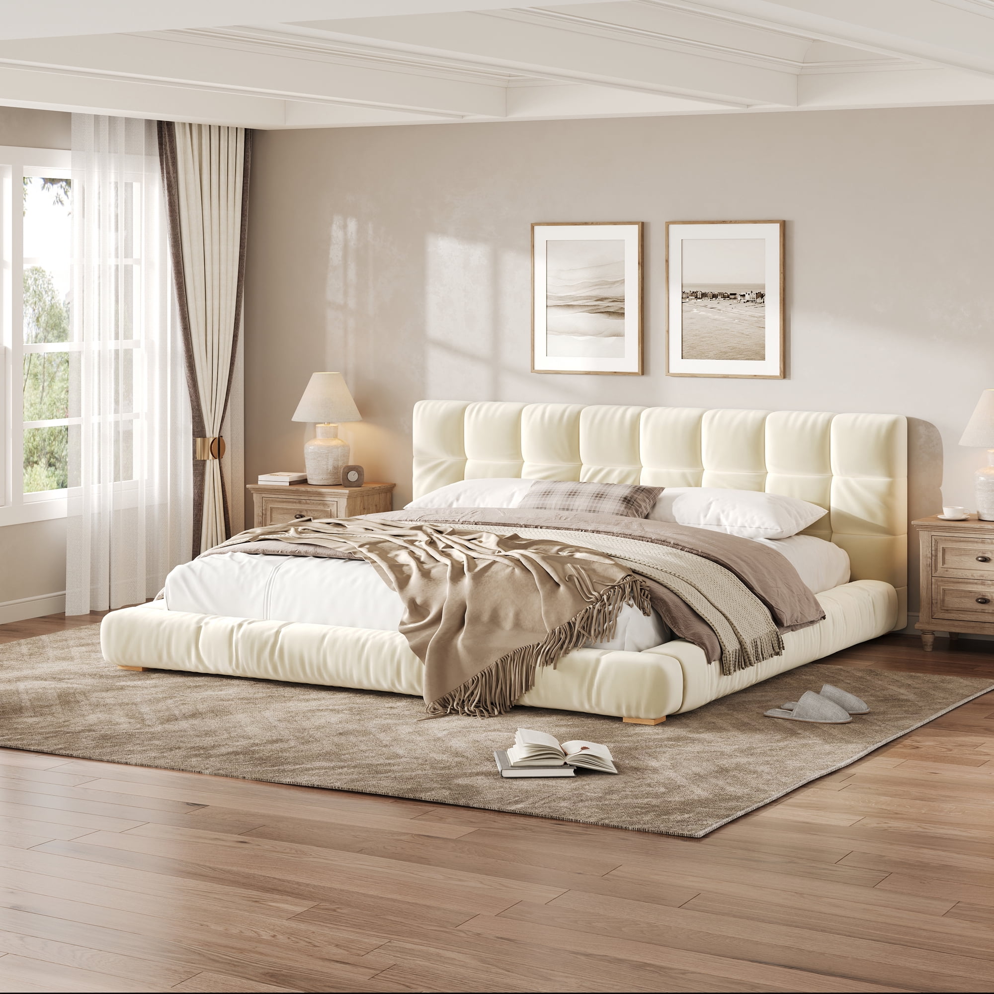 Euroco Velvet Upholstery King Size Platform Bed with Channel Tufted Headboard, Beige