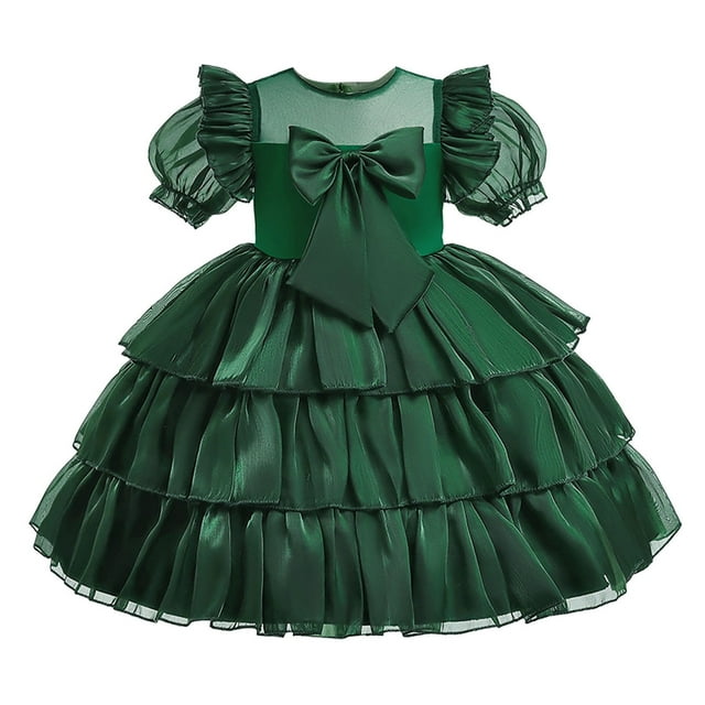 Penkiiy Toddler Girls Net Yarn Mesh Bow Ruffles Birthday Party Gown Long Dresses 9-10 Years Green