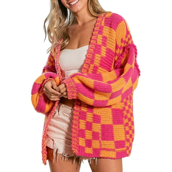 CURBODO Women's Vintage Checkered Cardigan Sweater Soft Chunky Knit Open Front Outerwear