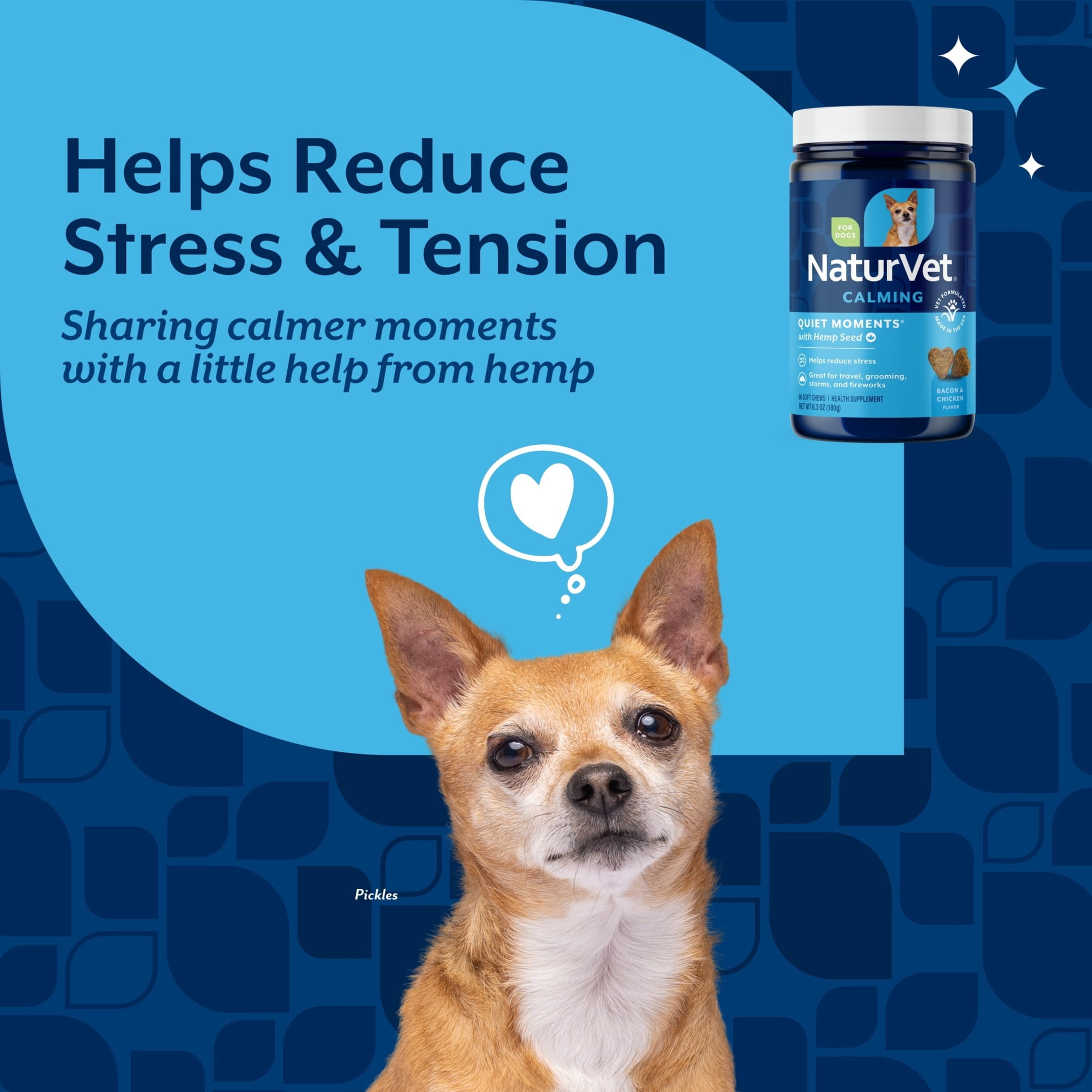 NaturVet Hemp Quiet Moments Calming Aid for Dogs - Plus Hemp Seed – Helps Reduce Stress & Promote Relaxation – Great for Storms, Fireworks, Separation, Travel & Grooming - 60ct Soft Chew
