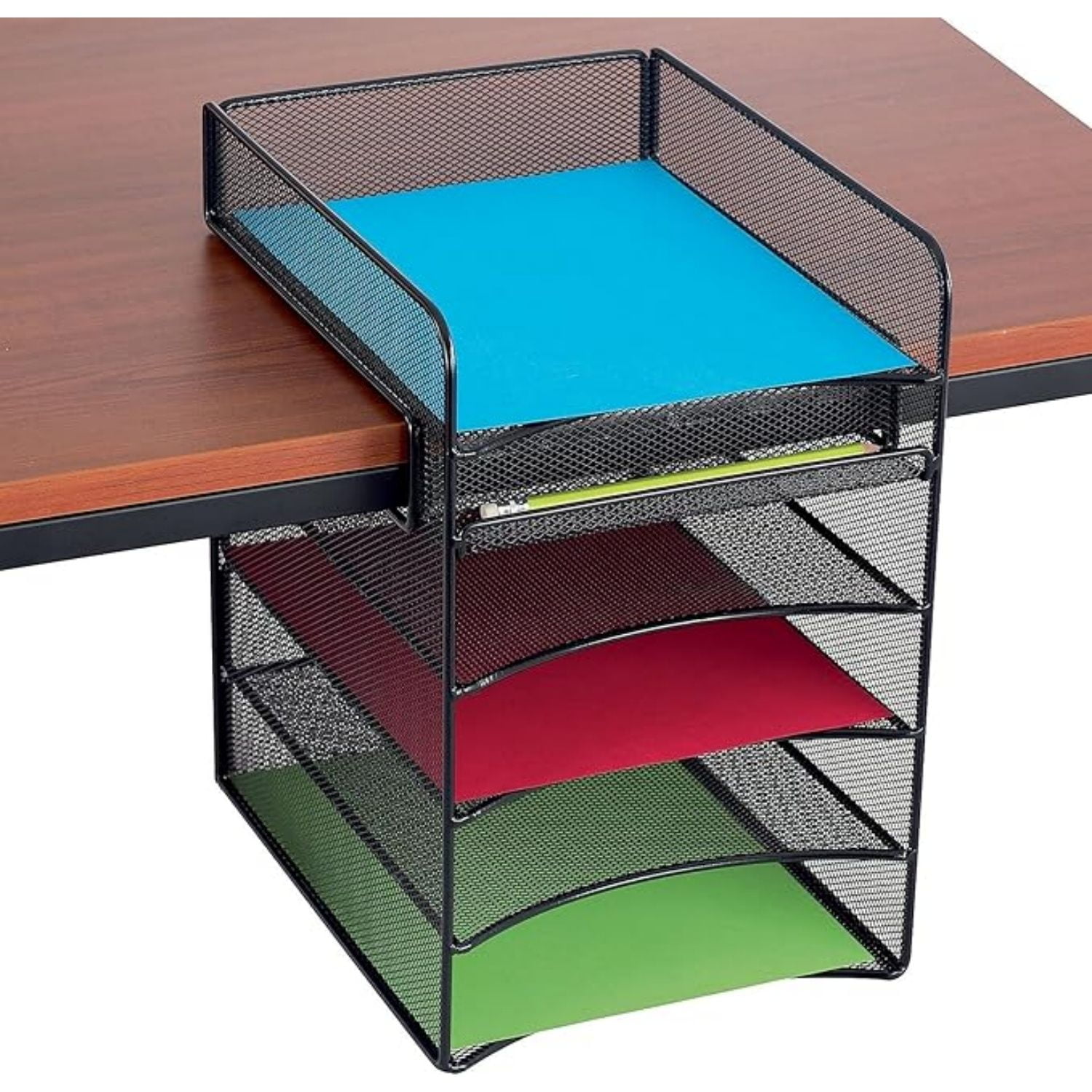 Hanging Desktop Organizer with 5 Horizontal Trays, Under-Desk Storage. Fits Tables 1.75" Thick and Under