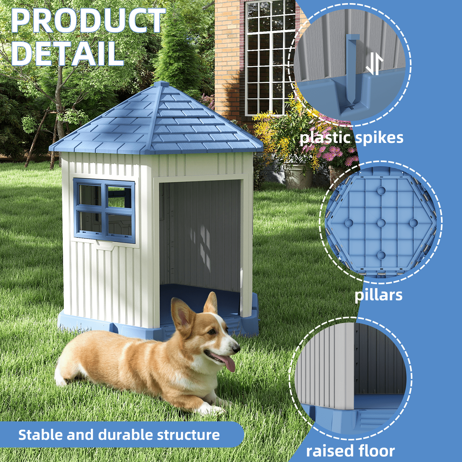 Fazzn Indoor/Outdoor Durable Large Dog Shelter with Outside Dog Kennel, Featuring a Window and Elevated Floor for Small and Medium Dogs.Blue