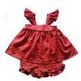 thumbnail image 1 of Linen Ruffle Tops Shorts Sets Baby Girls Casual Summer Outfits Set --- Red（Size 80）, 1 of 4