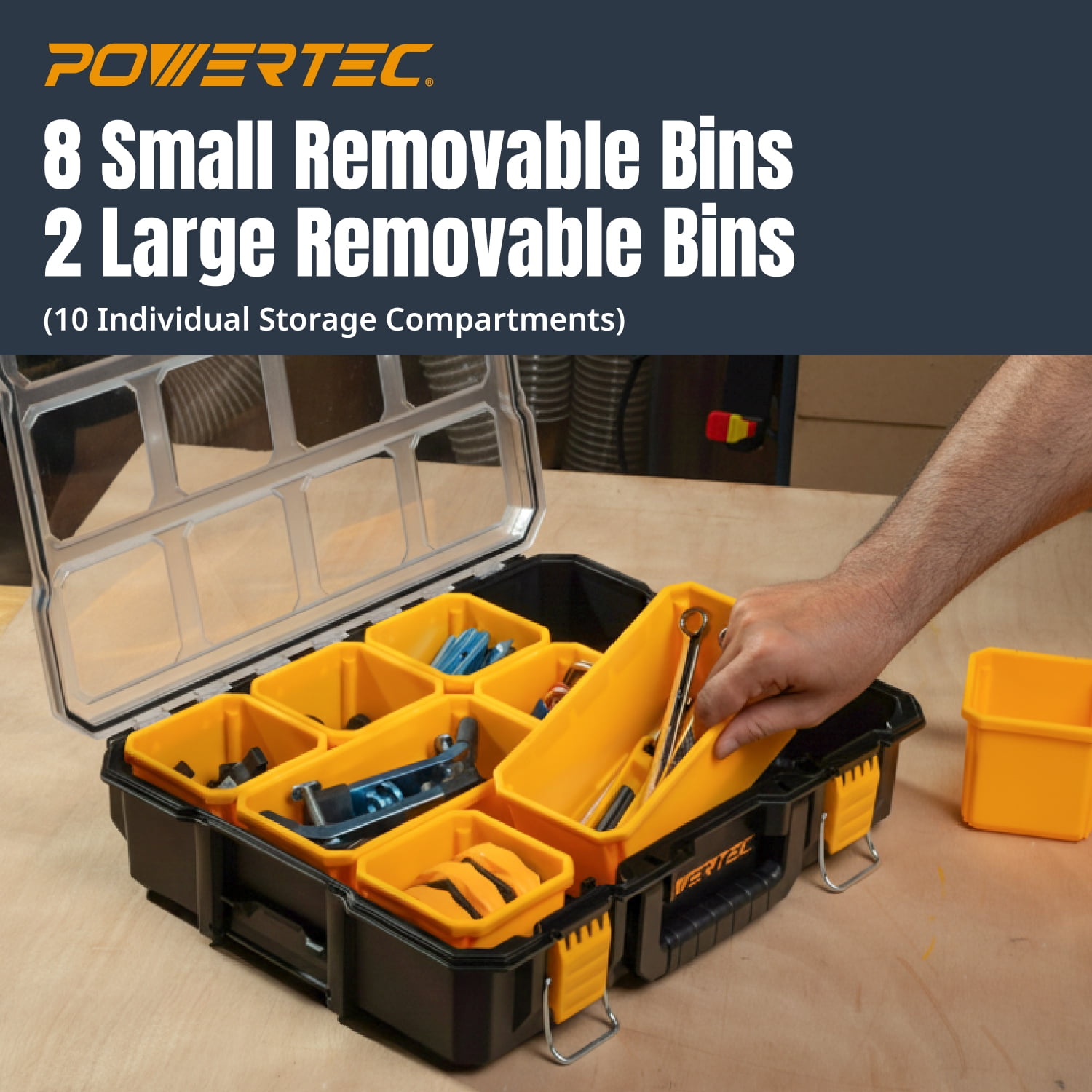 POWERTEC 2PK Small Parts Organizer & Tool Box – 10 Compartments, IP65 Water & Dust Protection, Stackable Storage with Interlocking Latch, Removable Tray, Clear Lid, Portable Design (72365-P2)
