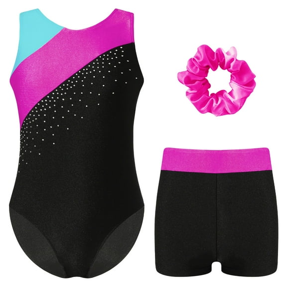 TiaoBug Gymnastics Leotards for Girls Dance Unitards with Hair Scrunchie Activewear Set Tumbling Biketard Hot Pink 16