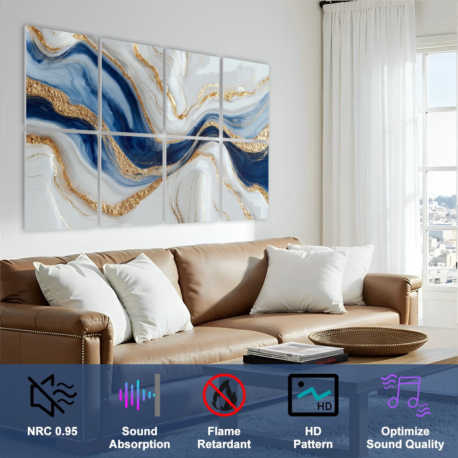 Modern Marble 8 Pack Art Acoustic Panels Sound Absorbing Abstract luxury marble marbling texture Blue gold white Decorative Soundproof Wall Panels Self Adhesive for Nursery Game Room Bedroom 48"x32"