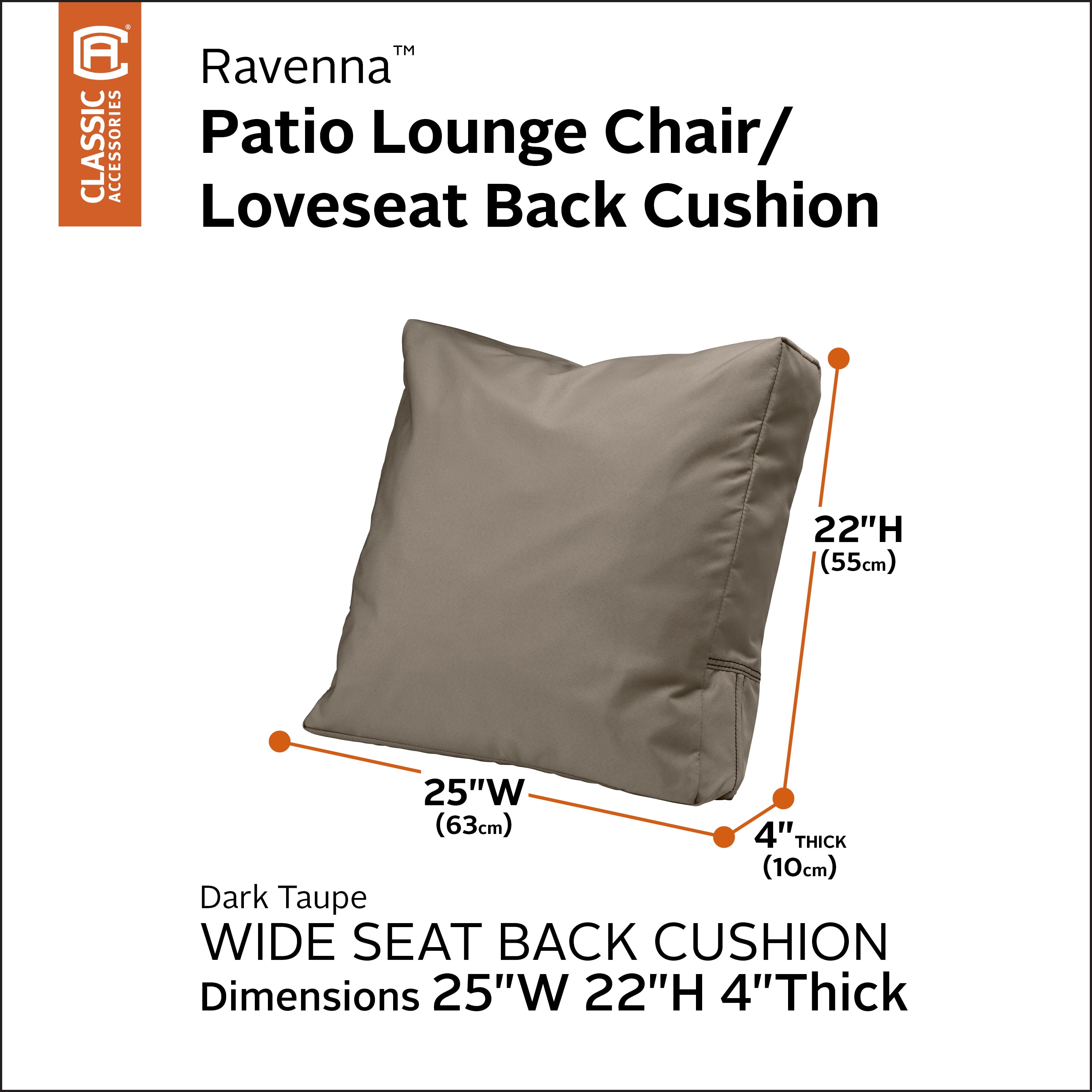 Classic Accessories Ravenna Water- Patio Lounge Chair/Loveseat Back Cushion, 25 x 22 x 4 Inch, Dark Taupe