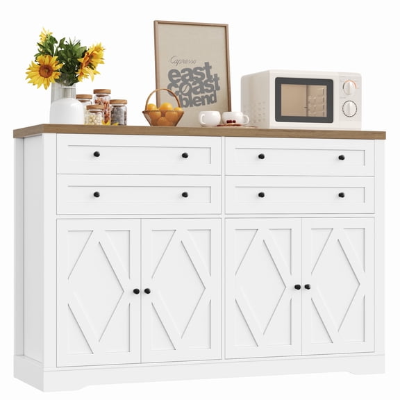 Hiphuta 55" Wide Coffee Bar with 2 Adjustable Shelves, Modern Farmhouse Sideboard Buffet with 4 Drawers for Living Room, White