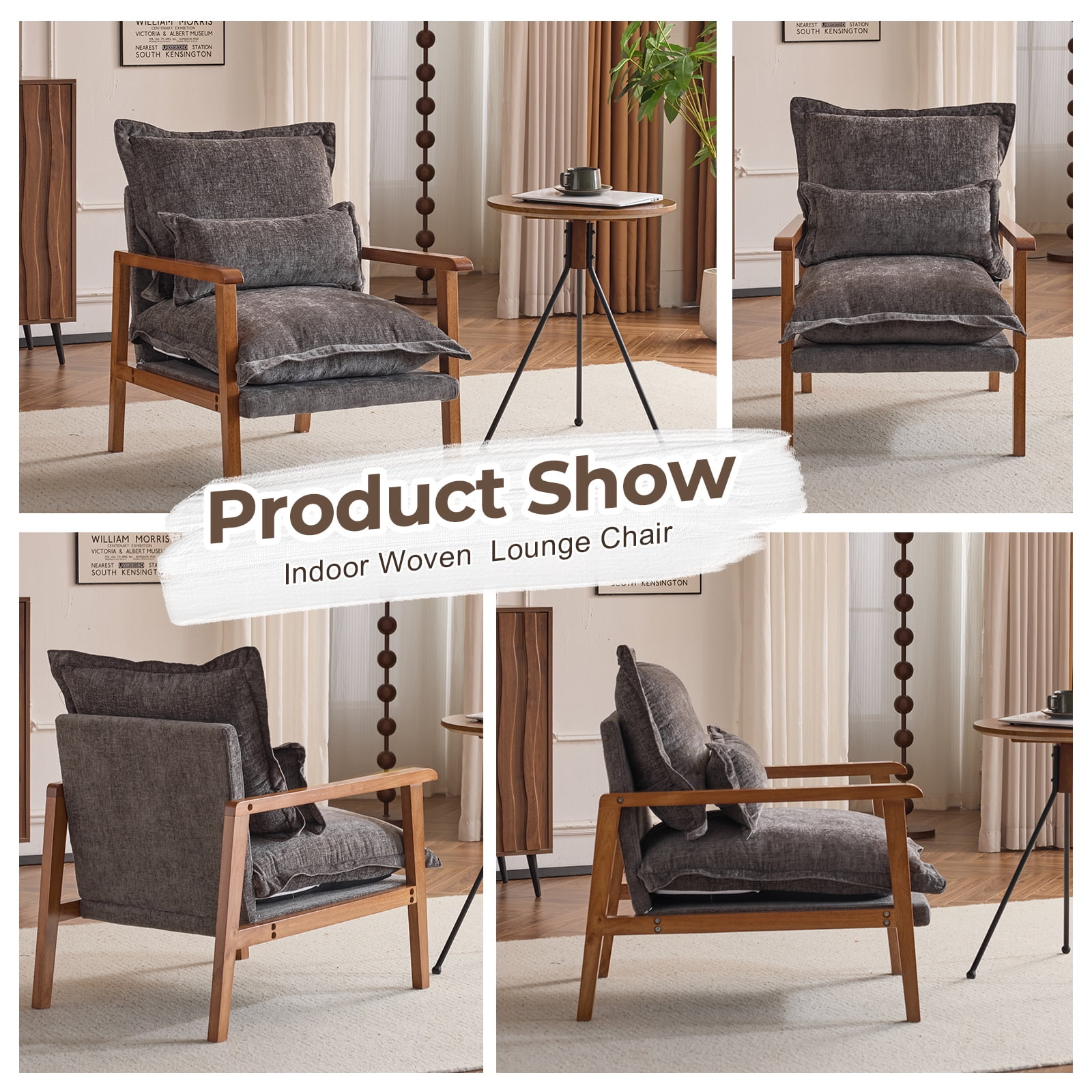 Cloud Shaped Indoor Leisure Chair with Solid Wood Armrest & Frame, Chenille Fabric Accent Chair with Lumbar Pillow, Dark Grey