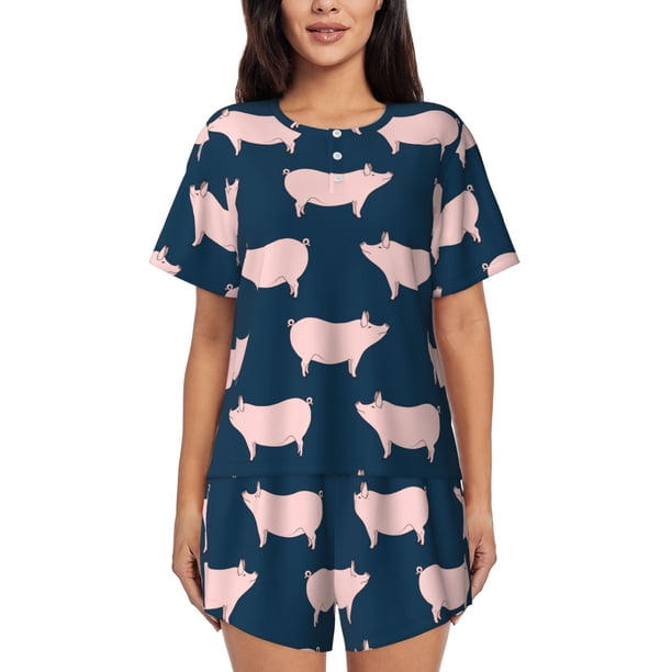 Balery Pig 1 Conjunto de Pijama para Mujer con Estampado, Dos Piezas de Manga Corta y Shorts, Ropa de Dormir Suave con Cuello Redondo y Bolsillos-Small