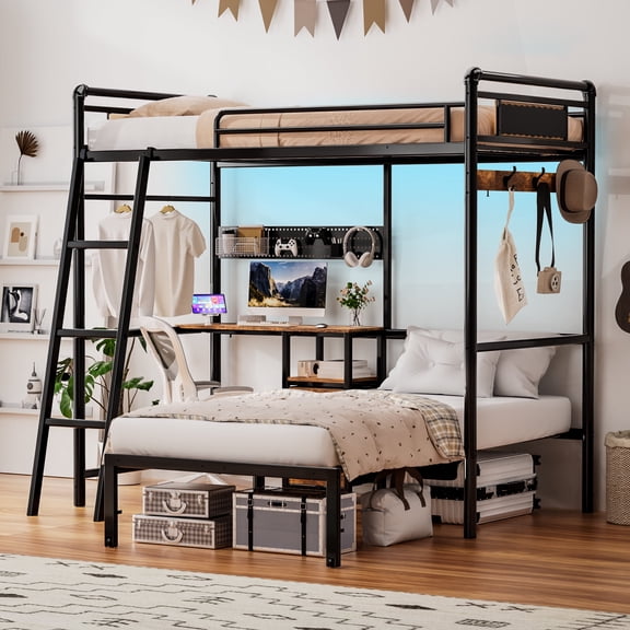 VNT Rustic Bunk Bed with Desk, Led Lights & Charging Station, Metal L-Shaped Twin Over Twin Beds, Loft Bed with Safety Guardrail and Ladder