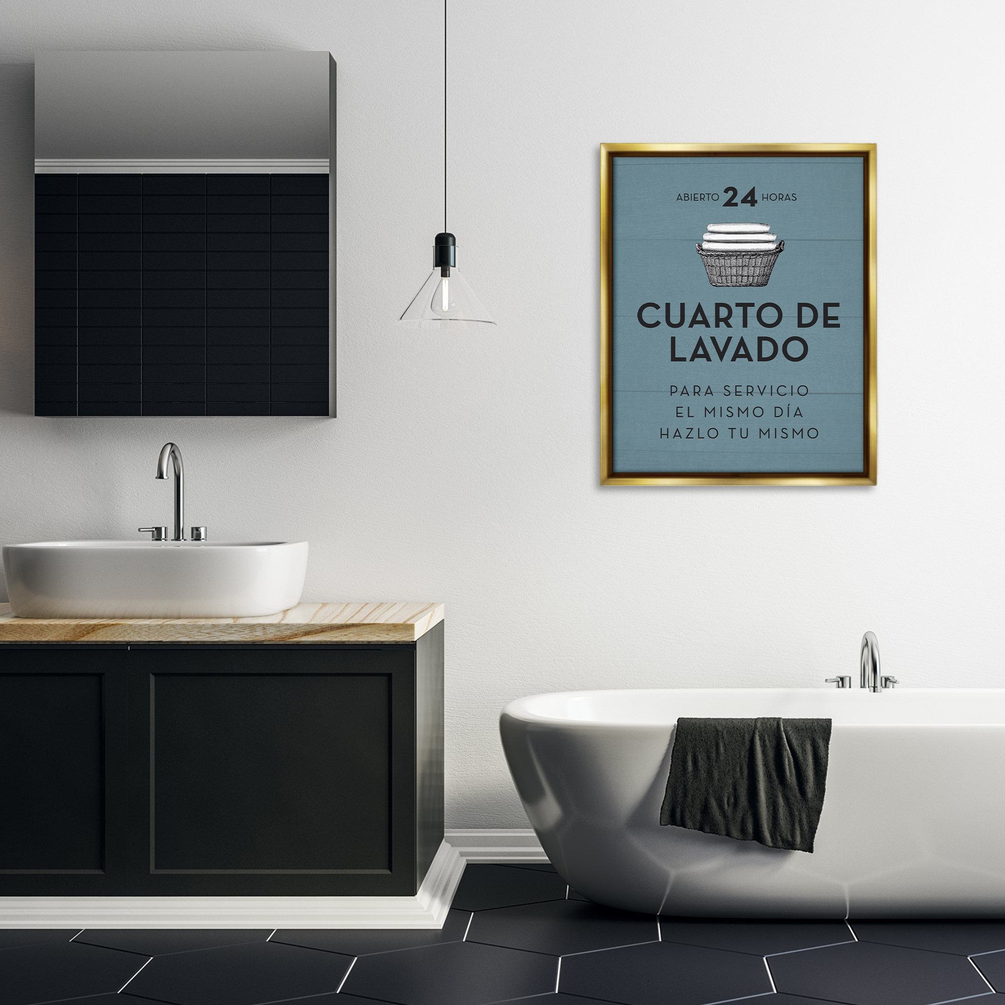 Stupell Industries Publicidad Día de Lavandería, Azul Bath & Laundry Painting Gold Floater Framed Art Print Wall Art, 25 x 31