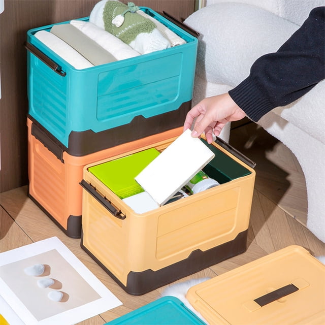 Caja de Almacenamiento Plegable | Organizador Plegable para Juguetes y Coche con Ruedas | Plástico Resistente Al Agua para Casa y Camping | 34 X 23 X 23 Cm | Amarillo, Naranja y Azul