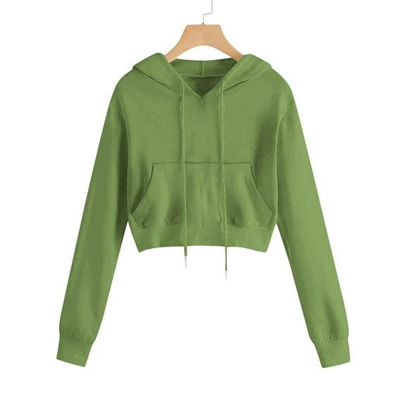 Xdegoge Cropped Hoodies for Women Casual Long Sleeve Drawstring Hooded Sweatshirts with Pocket Outdoor Athletic Loose Plain Tops Fall Winter Pullover Y2K Tops 2025