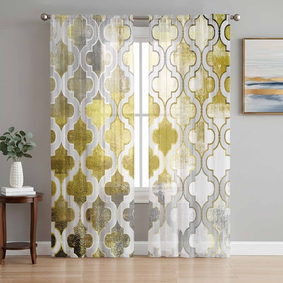 Yellow Morocco Sheer Curtains 96 Inch Length 2 Panels Set, Retro Grey Foil Painting Grunge Tribal Voile Window Treatment Semi Sheer Long Curtains Drapes for Bedroom/Living Room/Kitchen 52"x96"x2