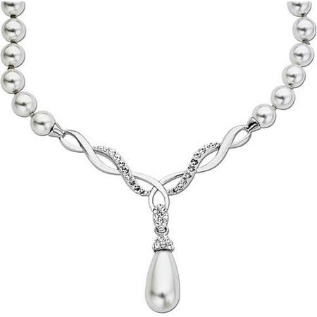 Luminesse Sterling Silver Faux White Pearl Necklace made with Swarovski Elements, 18.75