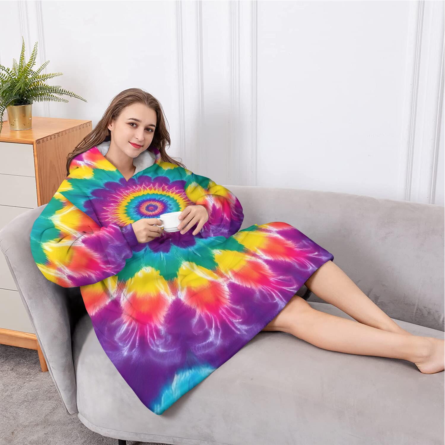Oversized Wearable Blanket Hoodie,Rainbow Tie Dye Radial Pattern Sherpa Blanket Hoodie with Super Pockets,Super Warm Fuzzy Pullover for Women & Men