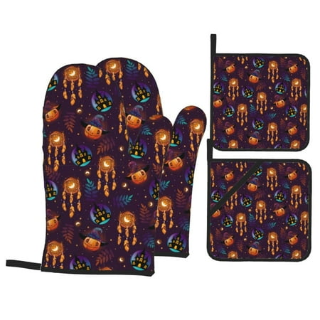 

Oven Mitts and Pot Holders Sets 4 pcs - halloween pumpkin Patterns Heat Resistant Silicone Oven Gloves with Non-Slip Silicone Surface and hot pads for kitchen Baking Cooking BBQ