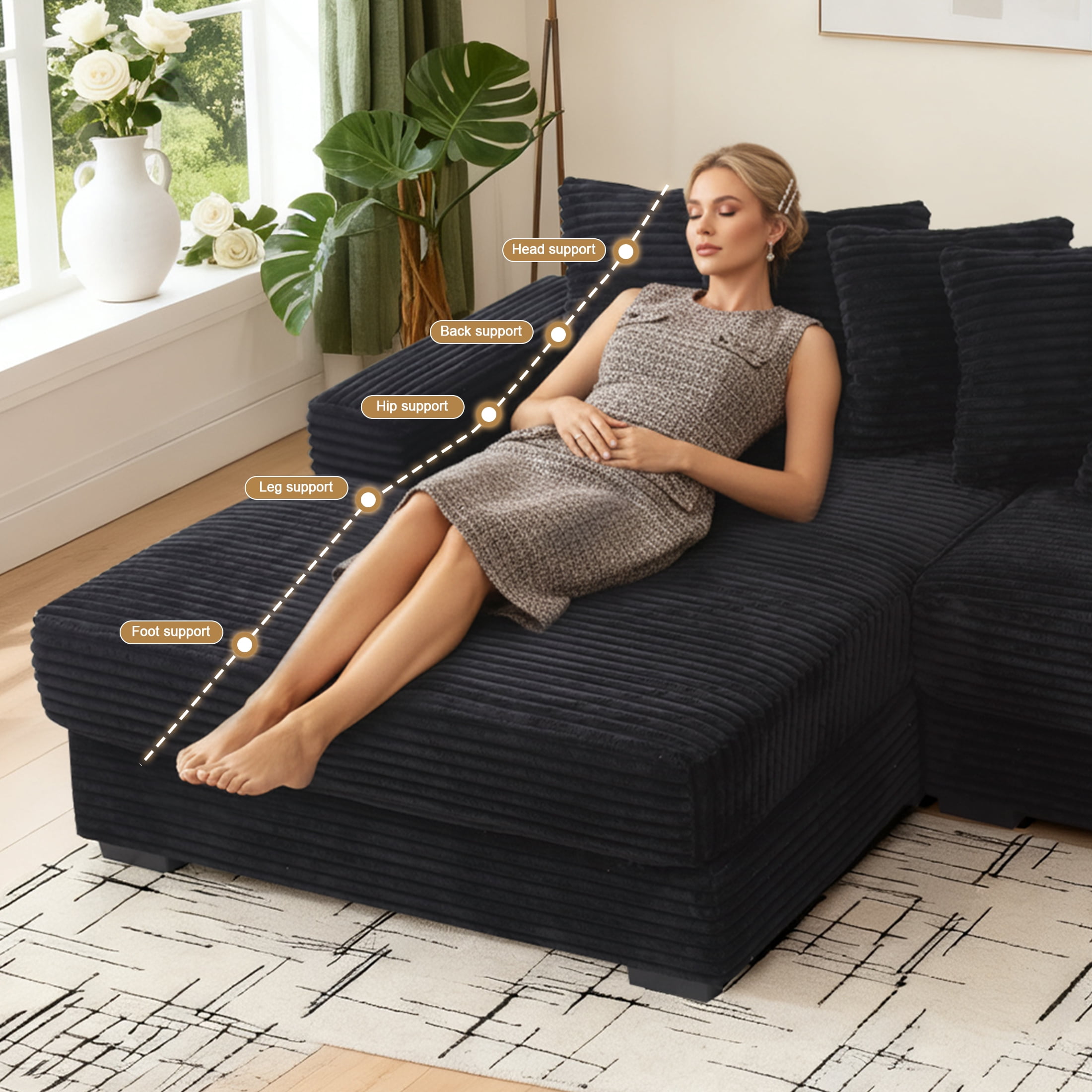 EPOWP Modular Sectional Sofa with 8 Pillows, 111" L Shaped Deep-Seating Couch for Living Room, Black(Left)