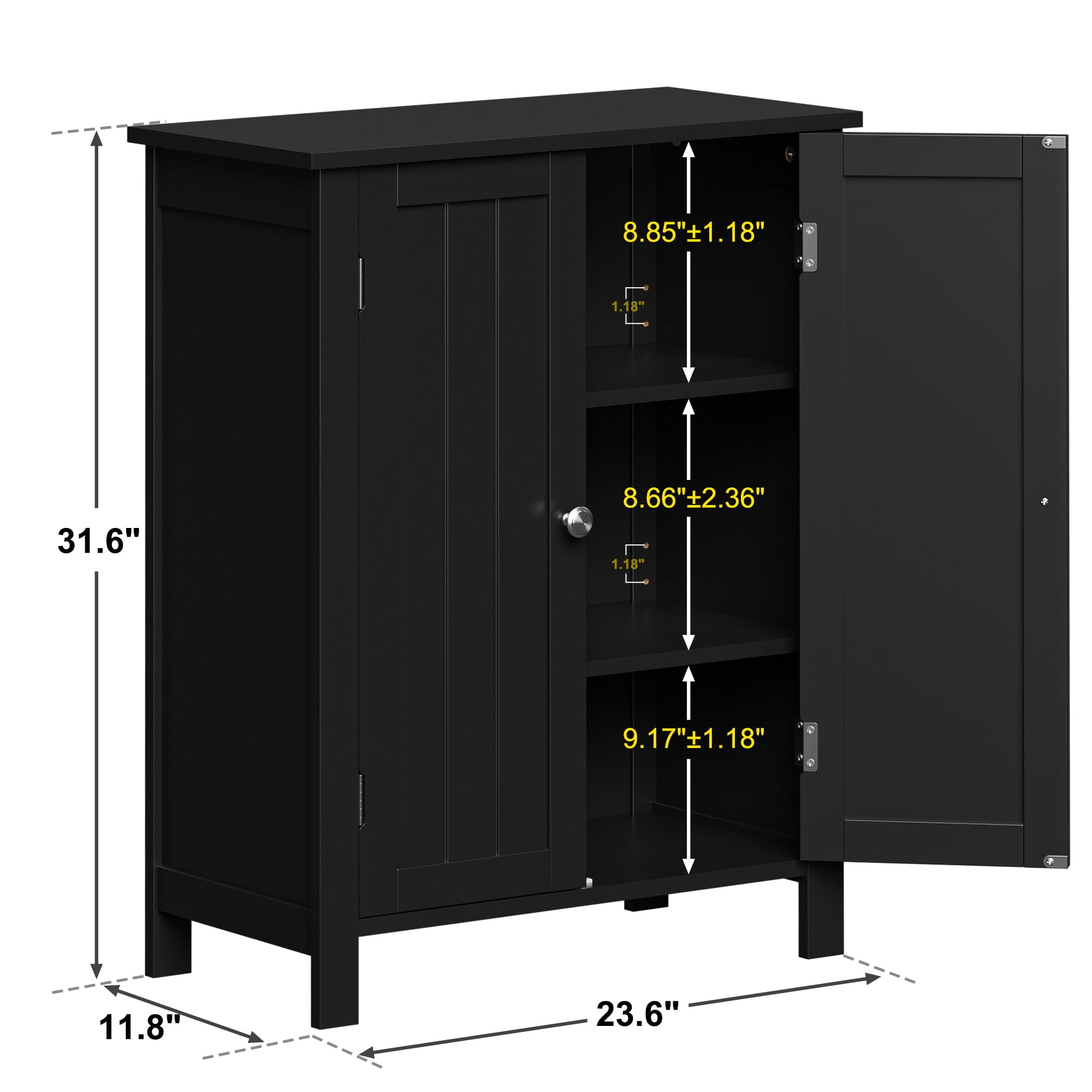 HomGarden 2-Door Bathroom Floor Storage Cabinet Side Cupboard W/ Adjustable Shelves, Black