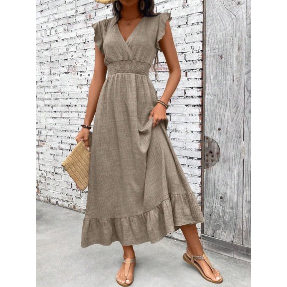 Mocha Brown Casual Wrap Waist-Cinched Women Maxi Dress With Ruffle Sleeves And Hem