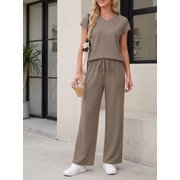 Cueply Two Piece Sets for Women Summer Casual Vacation Outfits Cap Sleeve Wide Leg Long Pants Lounge Sets