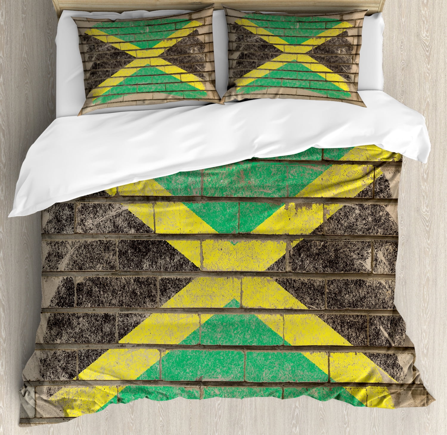 Jamaican Duvet Cover Set King Size, Flag on the Wall Illustration with
