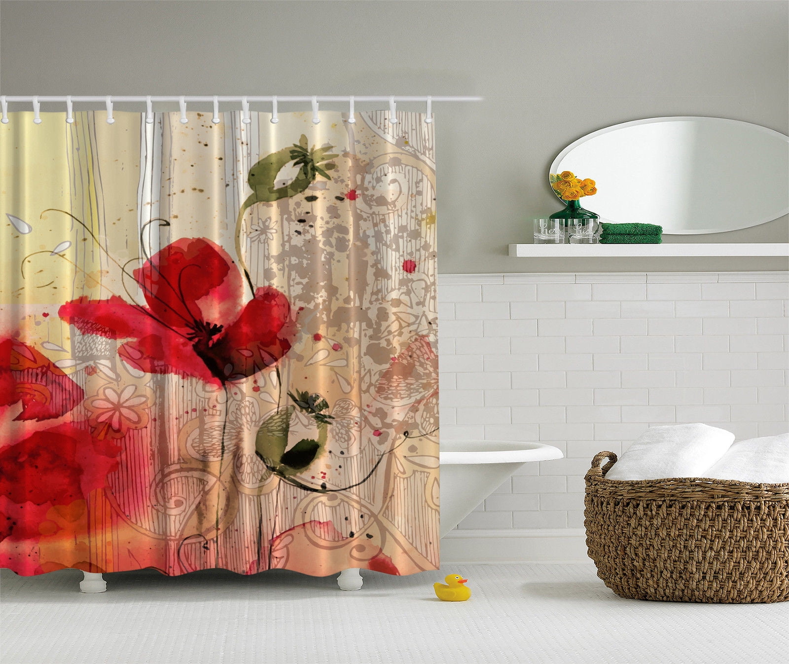 Hand Drawn Fairytale House Hot Air Balloon Shower Curtain Set Waterproof Fabric