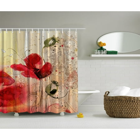 Red Poppy Flower Beige Floral Fabric Digital Art Bathroom Shower