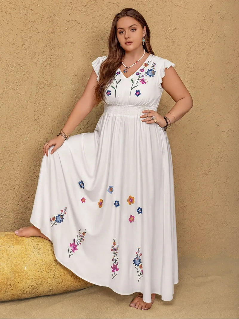 plus size sheer embroidered dress Summer