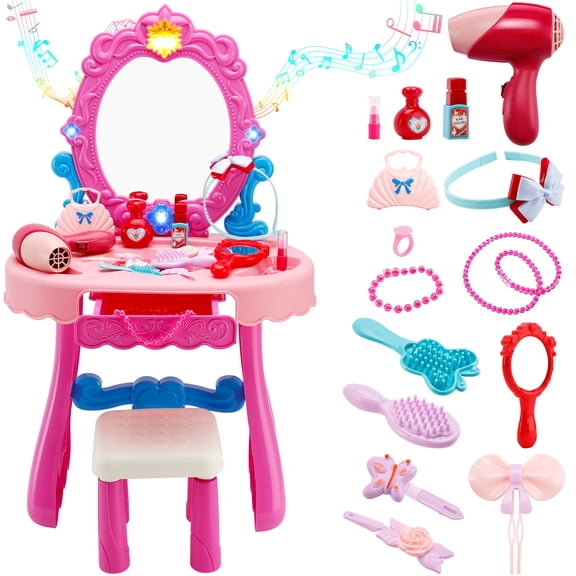 Kids Vanity Table and Chair Set with Mirror Light Music, Toddler Girls Makeup Table with Stool & Hair Dryer, Pretend Play Princess Dress Up Vanity Set, Birthday Gifts for 3 Year Old Girl