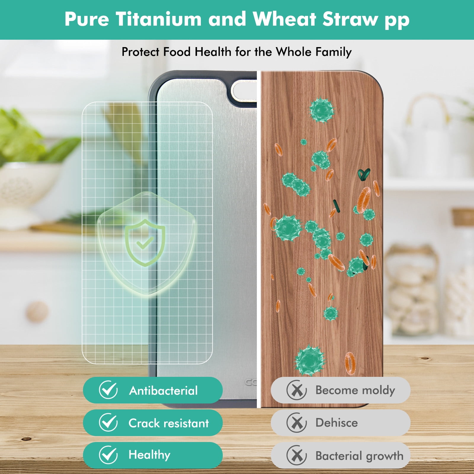 COPOOLIFE 16" x 11" Double-Sided Titanium and Wheat Straw Cutting Board with Juice Groove, Gray