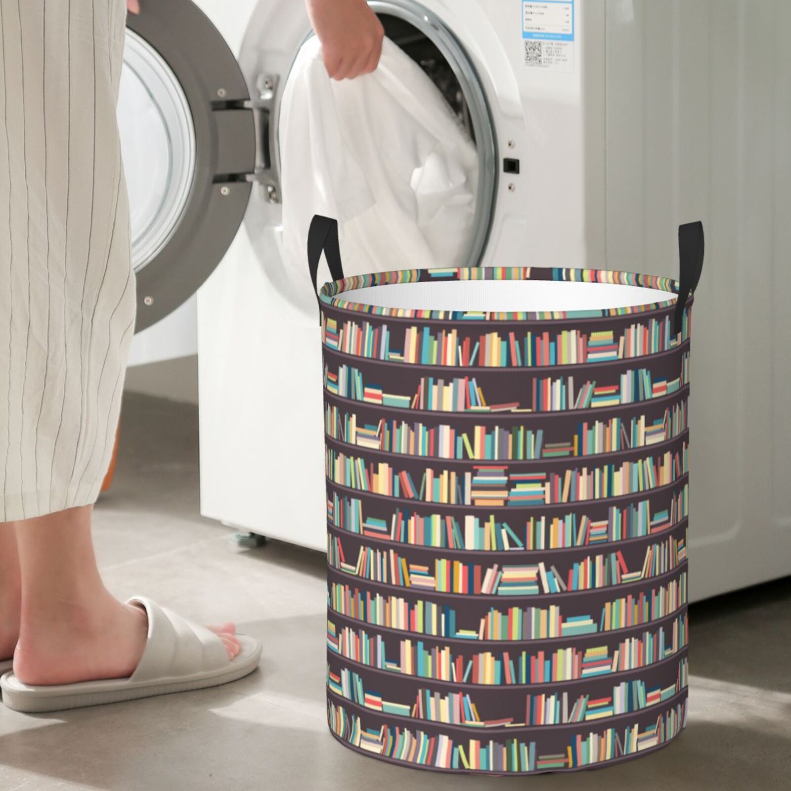 Large Laundry Basket with Handles - Library bookstore bookshelves print Kids Baby Dirty Clothes Laundry Hamper for Bedroom Aesthetic