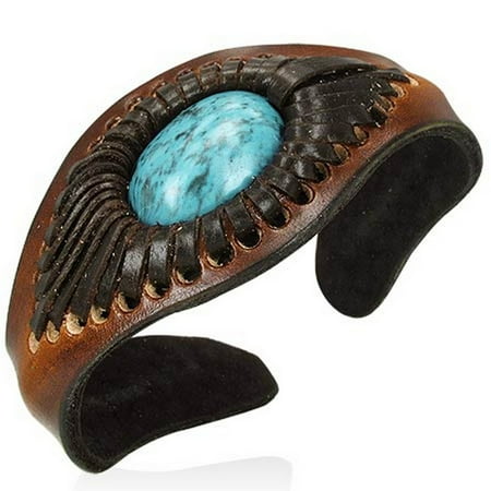 Rivet Leather Bangle - Brown Leather Simulated Turquoise-Tone Engraved Cuff Bangle Womens Adjustable Bracelet