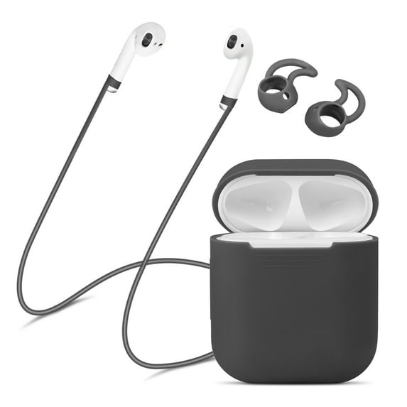 Silicone Protective Case for Apple AirPods - 4 in 1 Shock Resistant Skin Cover Airpod Accessories Kit Set with Anti Lost Straps, Ear Hooks Sports Fin & EVA Storage Case (Gray)