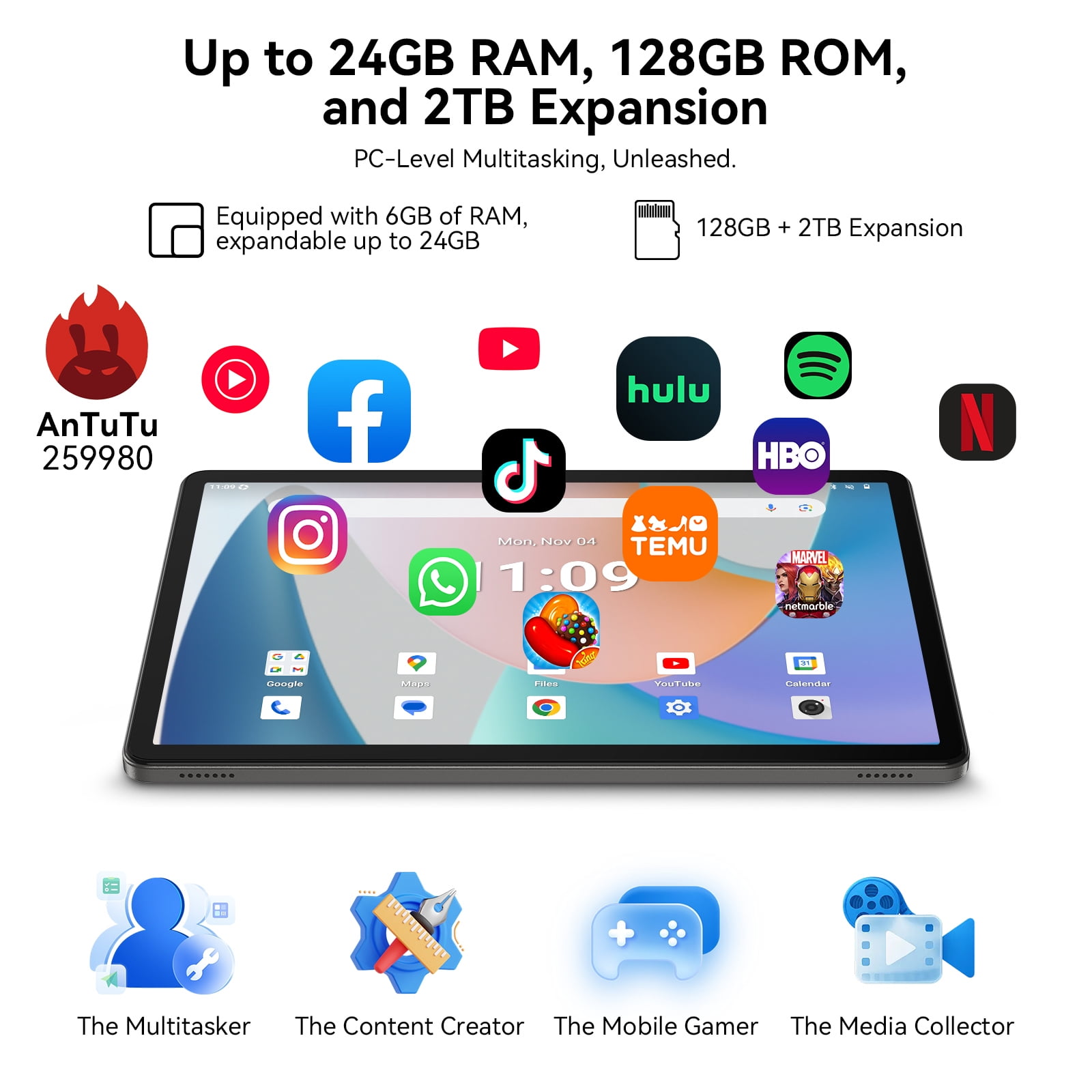 Android 16 Tablet,11 Inch Tablet with 24GB RAM 128GB ROM,Octa-Core