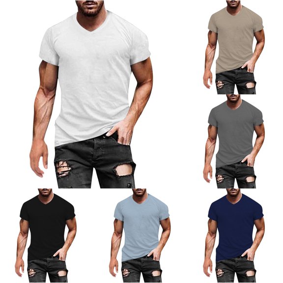 Men Solid V Neck Short Sleeve Fashion Trend Bottoming Shirt Casual Basic Tennis Tee