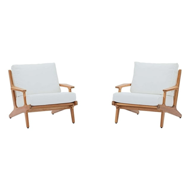Modern Contemporary Urban Design Outdoor Patio Balcony Garden Furniture Lounge Chair Set, Set of Two, Wood, White Natural