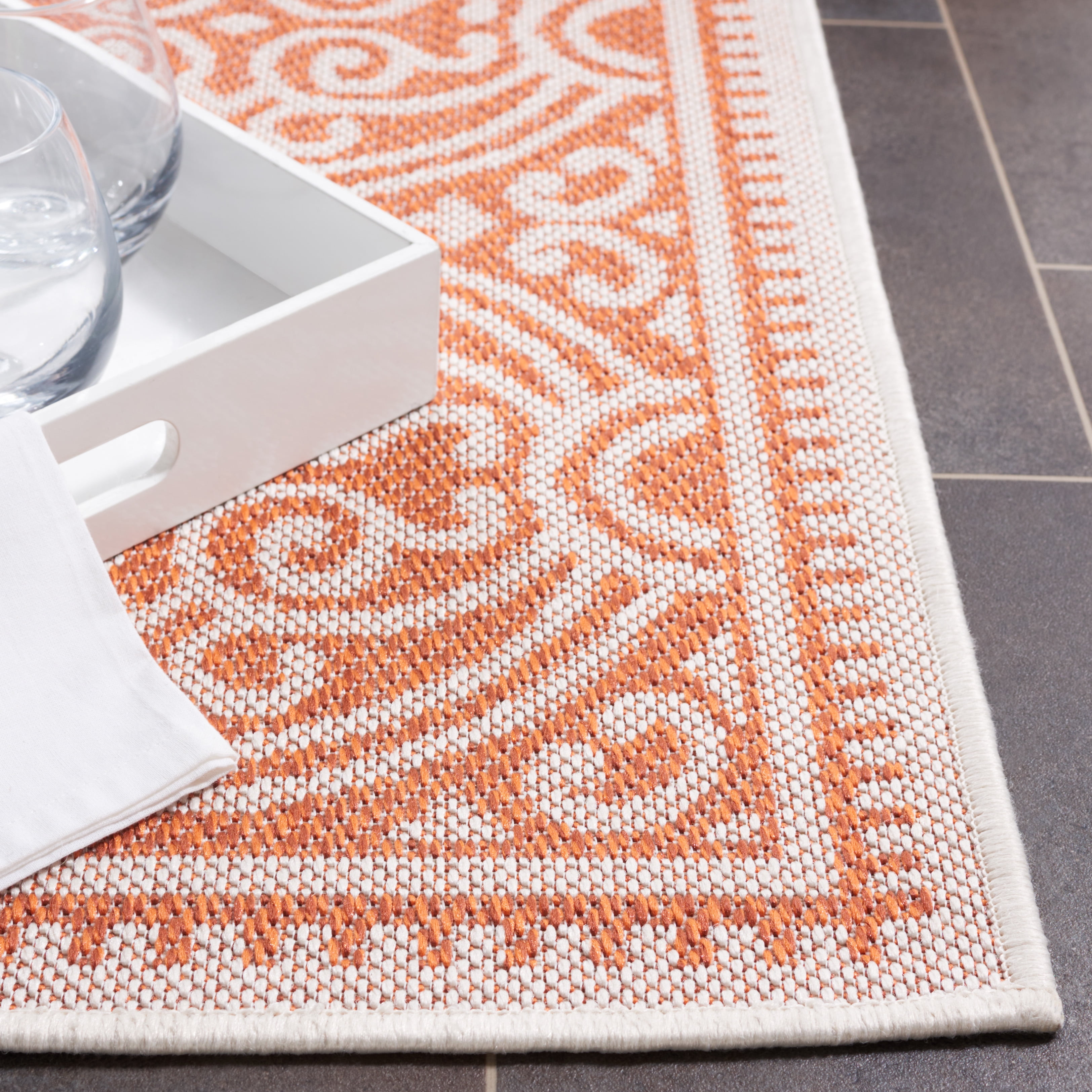 SAFAVIEH Machine Washable Rug Indoor/Outdoor Bermuda Collection - Bermuda Terrance Geometric Indoor/Outdoor Area Rug, Rust/Ivory, 6'7" x 6'7" Square