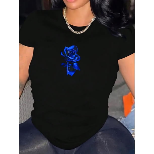 Camiseta informal de manga corta para mujer con estampado de rosas azules, tejido de punto de algodón, cómoda para todo el año, escote redondo, corte holgado, top deportivo de ocio.