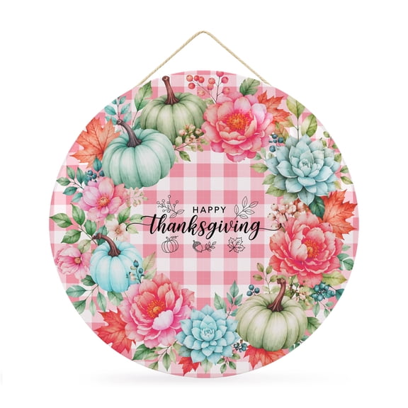 Welcome Sign Front Door Decorations, Pink Happy Thanksgiving Round Wall Art Outdoor Metal Wreaths, Pink Checked Fall Pumpkins Seasonal Hanging Sign for Home Porch Decor Warming Gift 12 In