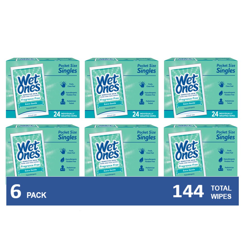(6 Pk) Wet Ones Sensitive Skin Hand Wipes Singles, 24 Ct
