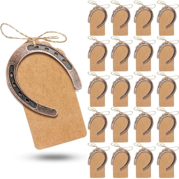 20pcs Good Lucky Horse Shoes with Kraft Tag, Metal Mini Craft Horseshoes Decorations for Rustic Vintage Wedding Party Decor Western Party Decorations